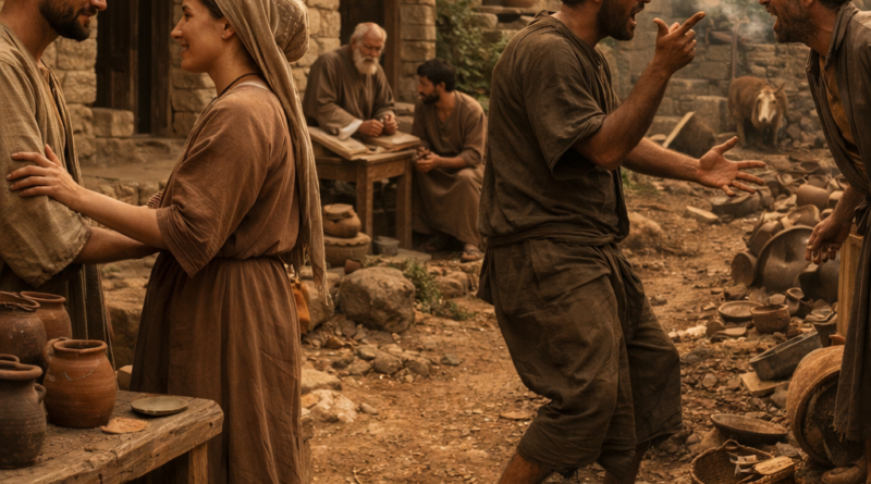 Biblical village scene of gentle speech, humility, and wisdom inspired by Proverbs 15