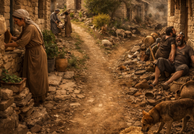 Biblical village scene showing wisdom, reverence, and two life paths in Proverbs 14