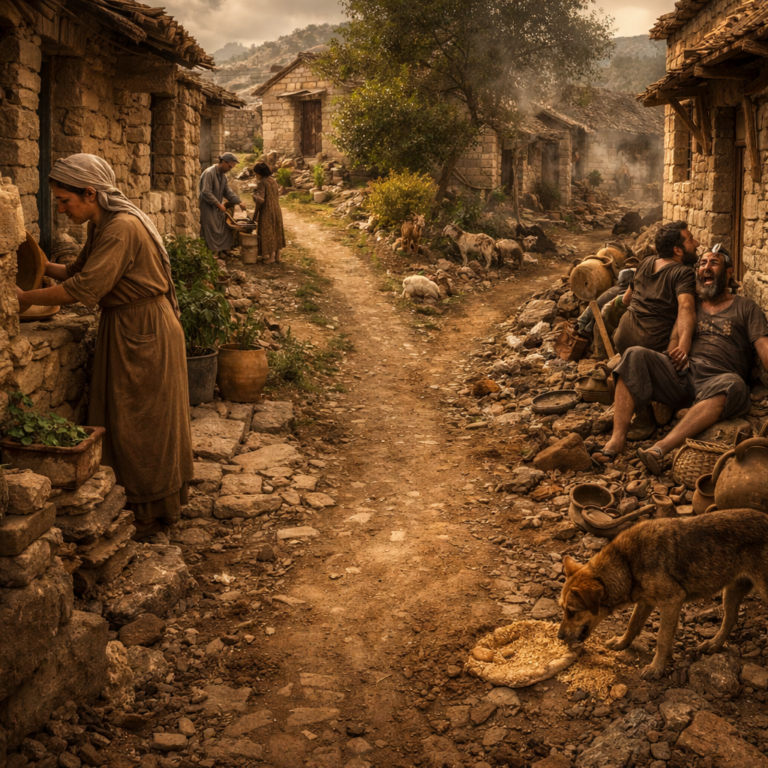 Biblical village scene showing wisdom, reverence, and two life paths in Proverbs 14