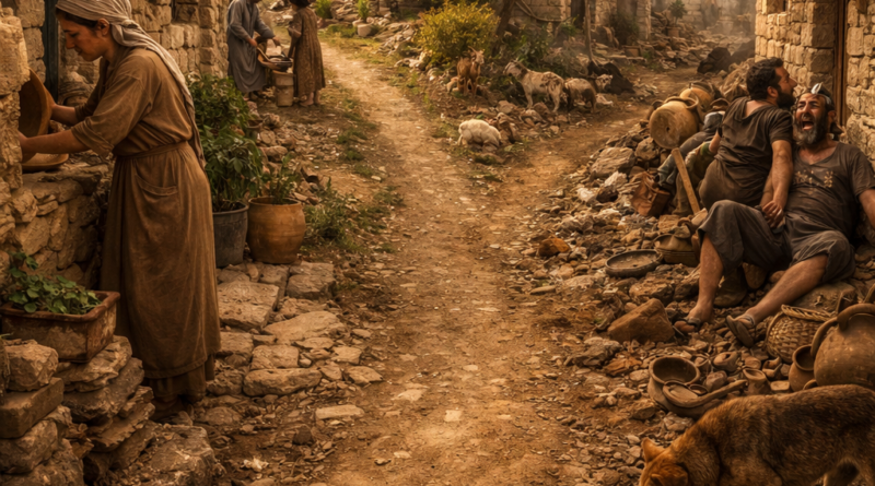 Biblical village scene showing wisdom, reverence, and two life paths in Proverbs 14