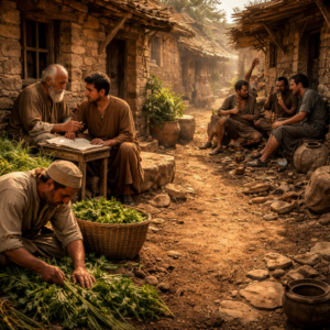 Biblical village scene of wisdom, discipline, and guarded speech inspired by Proverbs 13