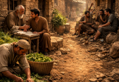 Biblical village scene of wisdom, discipline, and guarded speech inspired by Proverbs 13