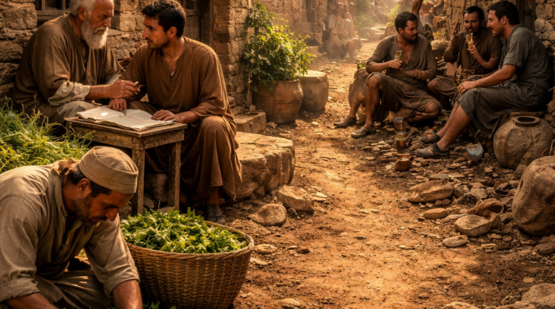 Biblical village scene of wisdom, discipline, and guarded speech inspired by Proverbs 13