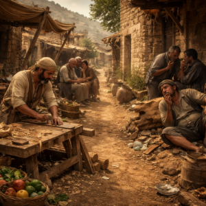 Biblical village scene showing diligence, truthful speech, and wisdom from Proverbs 12