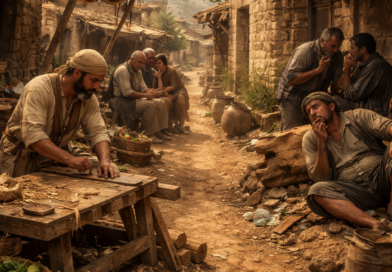 Biblical village scene showing diligence, truthful speech, and wisdom from Proverbs 12