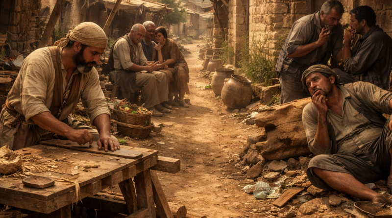 Biblical village scene showing diligence, truthful speech, and wisdom from Proverbs 12