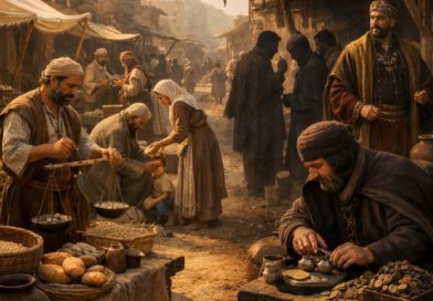 Honest and dishonest paths in a biblical marketplace reflecting the message of Proverbs 11