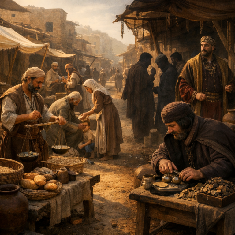 Honest and dishonest paths in a biblical marketplace reflecting the message of Proverbs 11