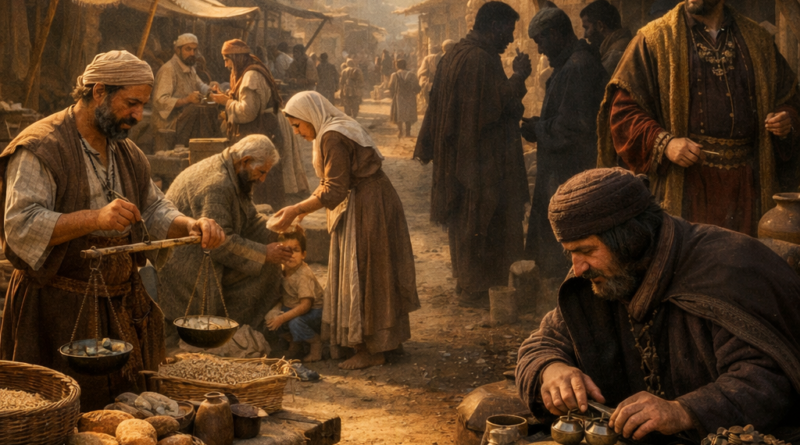 Honest and dishonest paths in a biblical marketplace reflecting the message of Proverbs 11