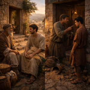 Contrasting righteous and wicked daily life in a biblical village reflecting Proverbs 10 through wisdom, speech, and diligence