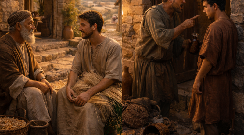 Contrasting righteous and wicked daily life in a biblical village reflecting Proverbs 10 through wisdom, speech, and diligence