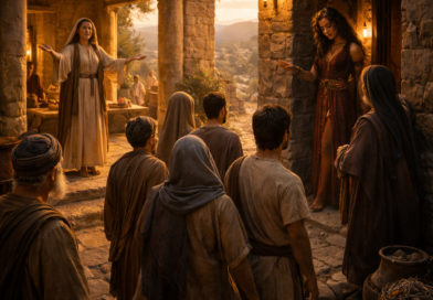 Two contrasting houses in a biblical setting reflecting Proverbs 9, where wisdom invites to life and folly leads toward hidden destruction