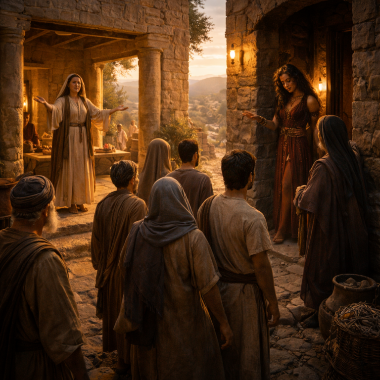 Two contrasting houses in a biblical setting reflecting Proverbs 9, where wisdom invites to life and folly leads toward hidden destruction