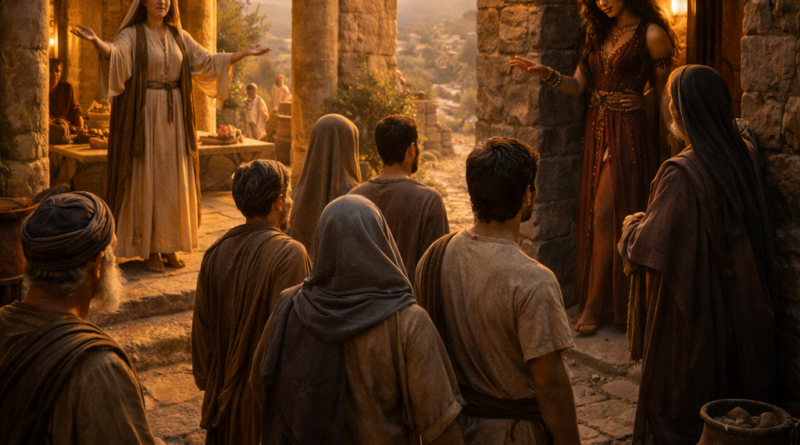 Two contrasting houses in a biblical setting reflecting Proverbs 9, where wisdom invites to life and folly leads toward hidden destruction