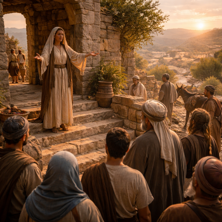 Wisdom calling publicly at an ancient city gate in Proverbs 8, inviting people to truth, understanding, and life