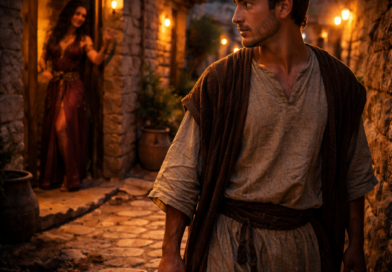 Young man in a biblical street facing temptation in Proverbs 7, showing the danger of seduction and lack of wisdom