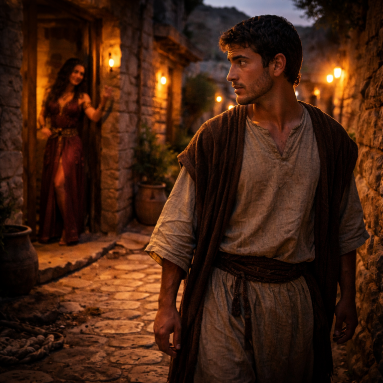 Young man in a biblical street facing temptation in Proverbs 7, showing the danger of seduction and lack of wisdom