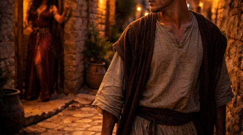 Young man in a biblical street facing temptation in Proverbs 7, showing the danger of seduction and lack of wisdom