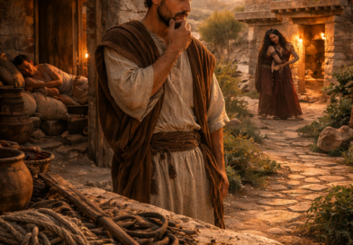 Biblical man in an ancient village reflecting on wisdom in Proverbs 6, with signs of diligence, warning, and moral choice