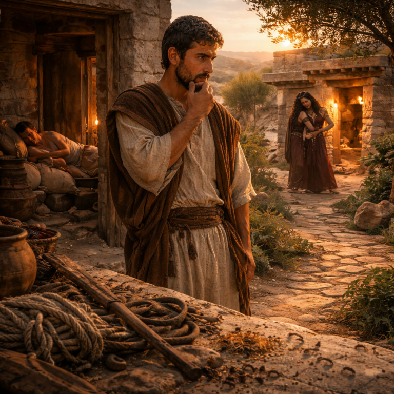 Biblical man in an ancient village reflecting on wisdom in Proverbs 6, with signs of diligence, warning, and moral choice