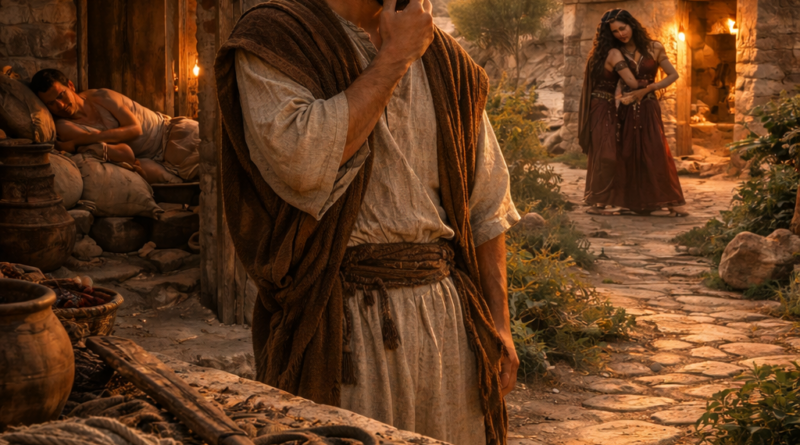Biblical man in an ancient village reflecting on wisdom in Proverbs 6, with signs of diligence, warning, and moral choice
