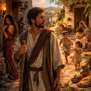 Young man facing two paths in a biblical setting, reflecting Proverbs 5 and the choice between temptation and faithful purity