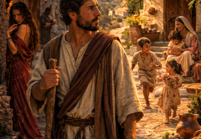 Young man facing two paths in a biblical setting, reflecting Proverbs 5 and the choice between temptation and faithful purity