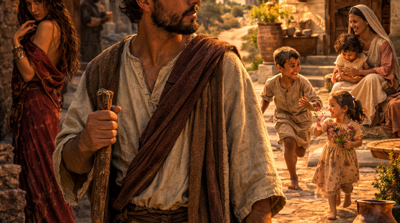 Young man facing two paths in a biblical setting, reflecting Proverbs 5 and the choice between temptation and faithful purity