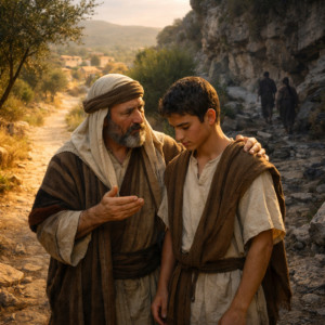 Father teaching his son on a biblical path in Proverbs 4, symbolizing wisdom, obedience, and guarding the heart