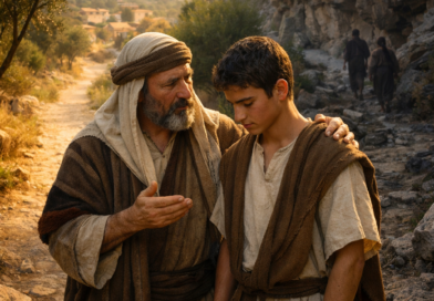 Father teaching his son on a biblical path in Proverbs 4, symbolizing wisdom, obedience, and guarding the heart
