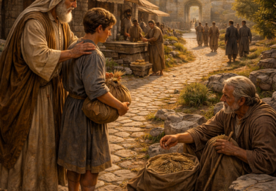 Photorealistic biblical-era father guiding his son at a crossroads as the son gives grain to a needy neighbor, reflecting Proverbs 3’s call to trust the LORD, walk in wisdom, and do good.