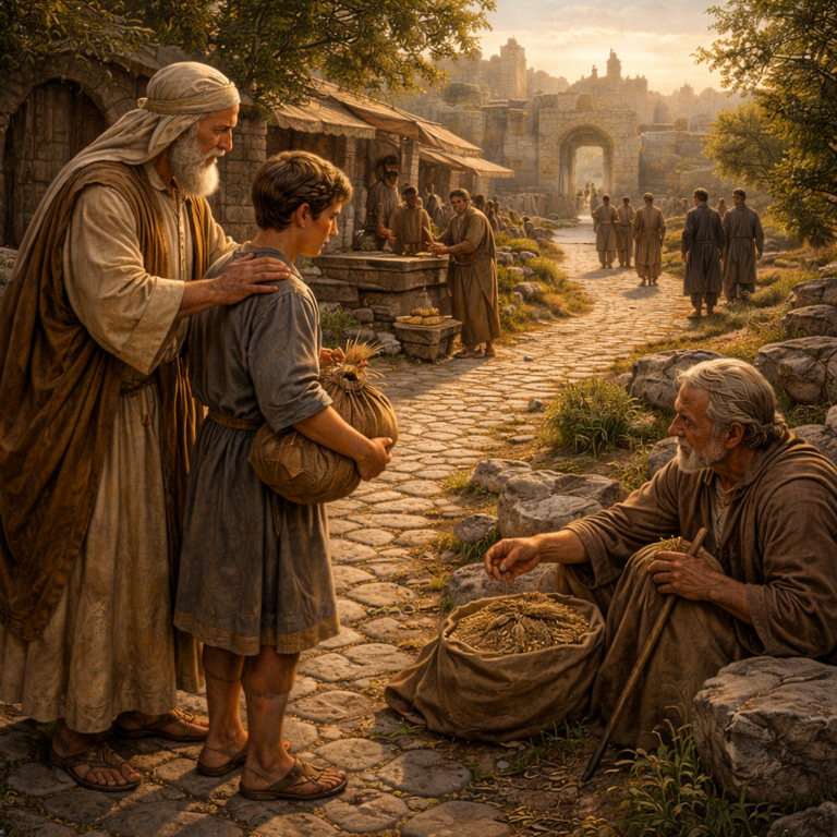 Photorealistic biblical-era father guiding his son at a crossroads as the son gives grain to a needy neighbor, reflecting Proverbs 3’s call to trust the LORD, walk in wisdom, and do good.