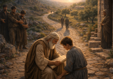 Photorealistic biblical-era crossroads where an elder teaches a young man from a scroll as he chooses the upright path, reflecting Proverbs 2’s call to seek God’s wisdom and avoid evil.
