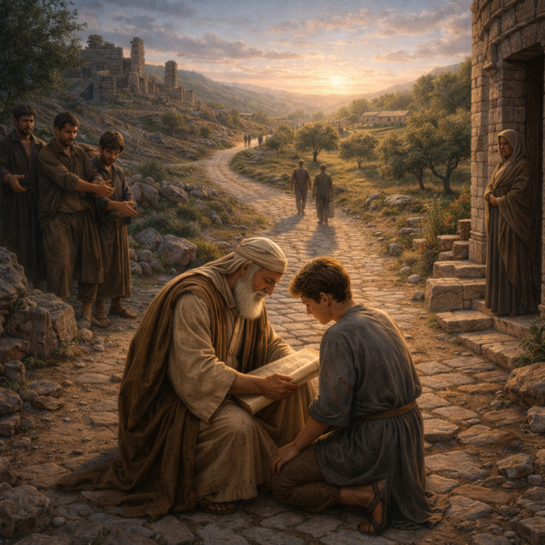 Photorealistic biblical-era crossroads where an elder teaches a young man from a scroll as he chooses the upright path, reflecting Proverbs 2’s call to seek God’s wisdom and avoid evil.