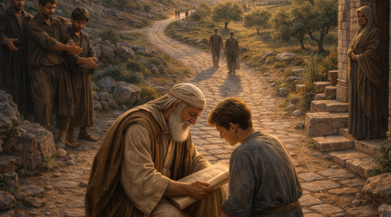Photorealistic biblical-era crossroads where an elder teaches a young man from a scroll as he chooses the upright path, reflecting Proverbs 2’s call to seek God’s wisdom and avoid evil.