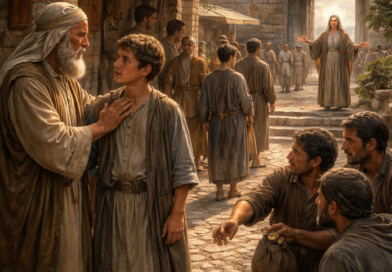 Photorealistic biblical-era city gate scene of a father warning his son as tempting peers lure him aside, reflecting Proverbs 1’s call to wisdom and fear of the LORD.