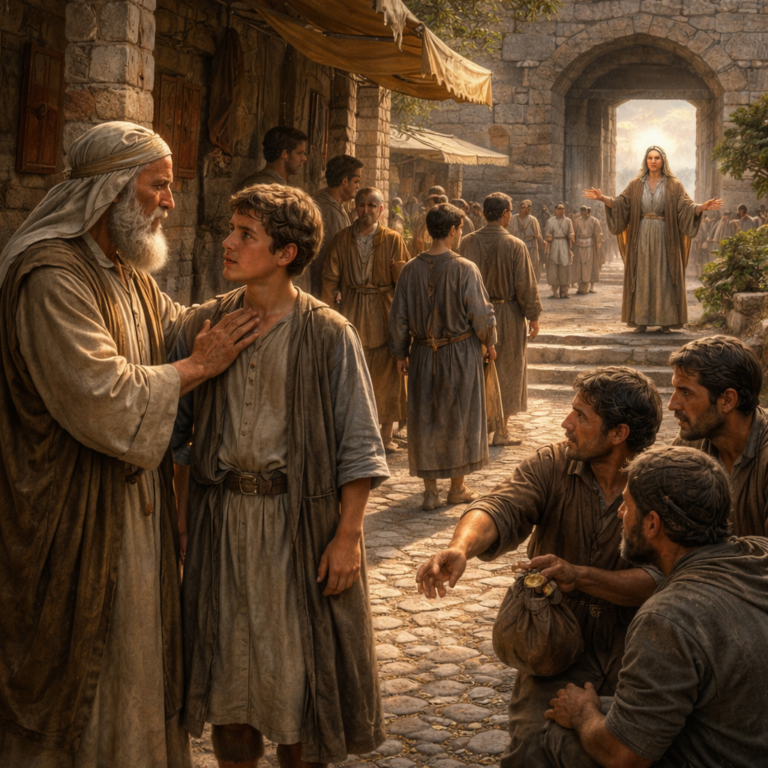Photorealistic biblical-era city gate scene of a father warning his son as tempting peers lure him aside, reflecting Proverbs 1’s call to wisdom and fear of the LORD.