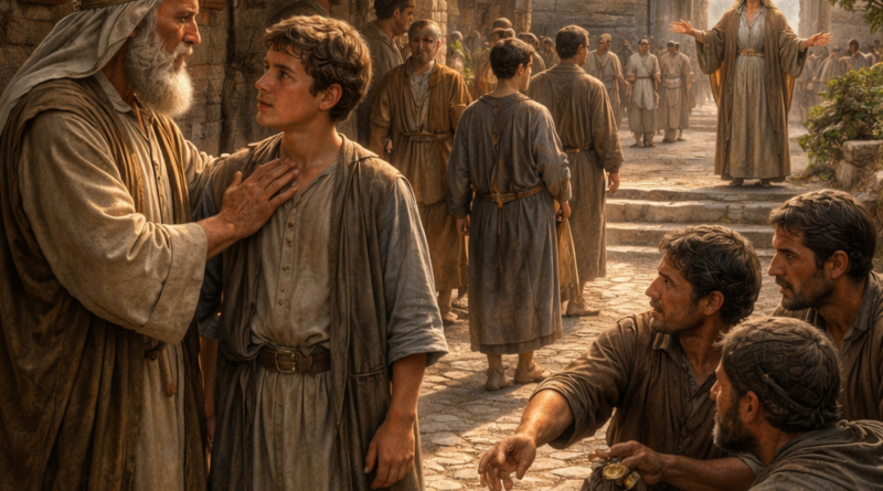 Photorealistic biblical-era city gate scene of a father warning his son as tempting peers lure him aside, reflecting Proverbs 1’s call to wisdom and fear of the LORD.