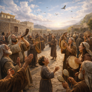 Photorealistic biblical-era worshippers praising God with shofar, harp, timbrel, and cymbals in an ancient courtyard, reflecting Psalm 150’s call for every breath to praise the LORD.