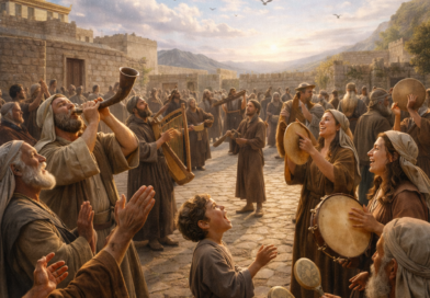 Photorealistic biblical-era worshippers praising God with shofar, harp, timbrel, and cymbals in an ancient courtyard, reflecting Psalm 150’s call for every breath to praise the LORD.