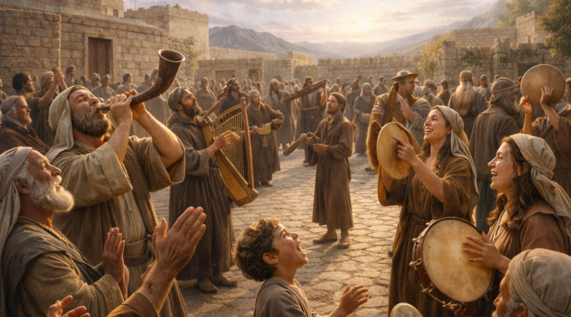 Photorealistic biblical-era worshippers praising God with shofar, harp, timbrel, and cymbals in an ancient courtyard, reflecting Psalm 150’s call for every breath to praise the LORD.