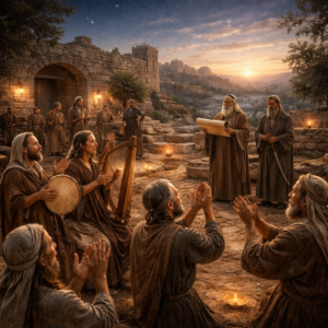 Photorealistic biblical-era worship gathering with harp and timbrel in an ancient courtyard, reflecting Psalm 149’s call to a new song, meek salvation, and righteous justice.