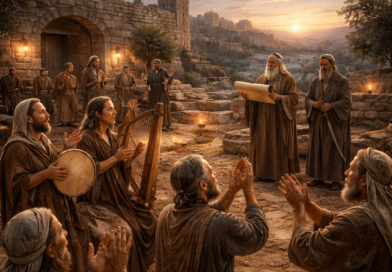 Photorealistic biblical-era worship gathering with harp and timbrel in an ancient courtyard, reflecting Psalm 149’s call to a new song, meek salvation, and righteous justice.