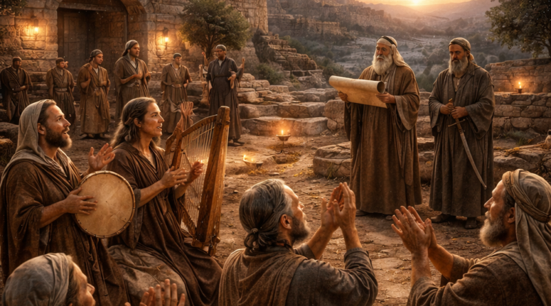 Photorealistic biblical-era worship gathering with harp and timbrel in an ancient courtyard, reflecting Psalm 149’s call to a new song, meek salvation, and righteous justice.