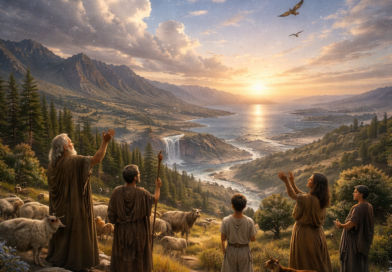 Photorealistic biblical-era landscape of sea, mountains, trees, animals, and worshippers under sun and moon, reflecting Psalm 148’s call for all creation to praise the LORD.