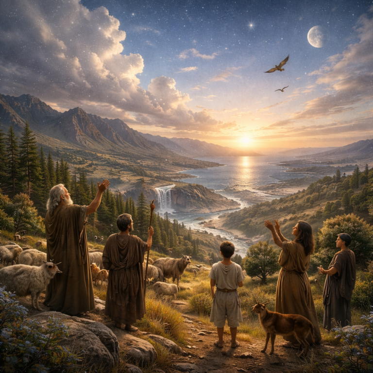 Photorealistic biblical-era landscape of sea, mountains, trees, animals, and worshippers under sun and moon, reflecting Psalm 148’s call for all creation to praise the LORD.