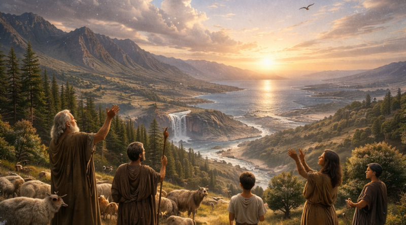 Photorealistic biblical-era landscape of sea, mountains, trees, animals, and worshippers under sun and moon, reflecting Psalm 148’s call for all creation to praise the LORD.