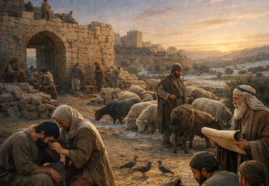 Photorealistic biblical-era Jerusalem scene of rebuilding, comforting the brokenhearted, and caring for animals, reflecting Psalm 147’s praise of God’s mercy and provision.