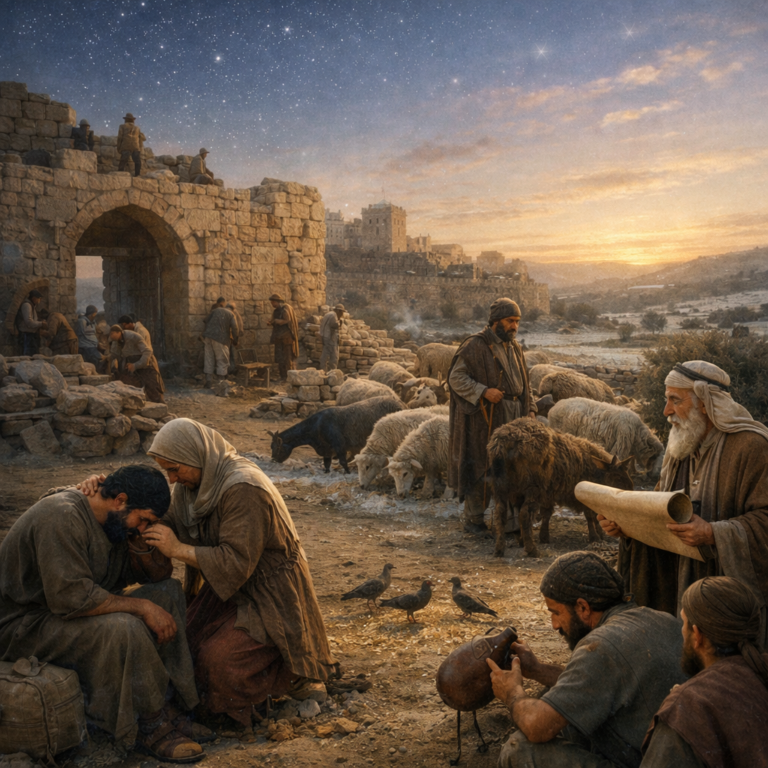 Photorealistic biblical-era Jerusalem scene of rebuilding, comforting the brokenhearted, and caring for animals, reflecting Psalm 147’s praise of God’s mercy and provision.