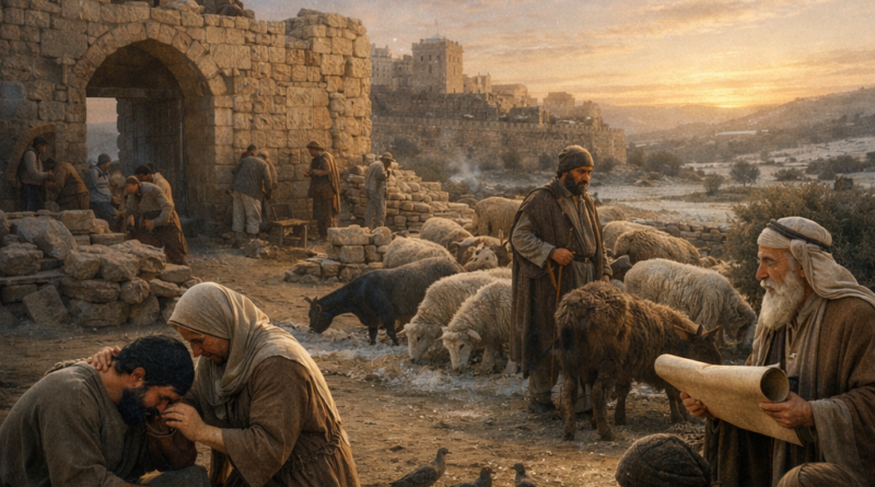 Photorealistic biblical-era Jerusalem scene of rebuilding, comforting the brokenhearted, and caring for animals, reflecting Psalm 147’s praise of God’s mercy and provision.